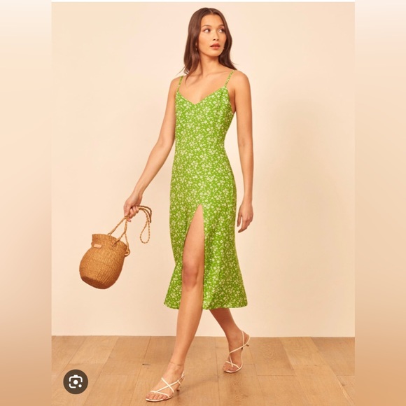 Reformation Floral Light Green Crimini Bow Tie Sash Dress - S/4 - Picture 1 of 4